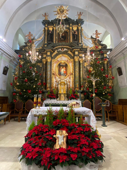 Otarz przyozdobiony dwiema wysokimi choinkami po bokach oraz kwiatami - Gwiazdami betlejemskimi. Przed Stoem Eucharystyczym znajduje si figurka Jezusa umiejscowiona w kwiatach.